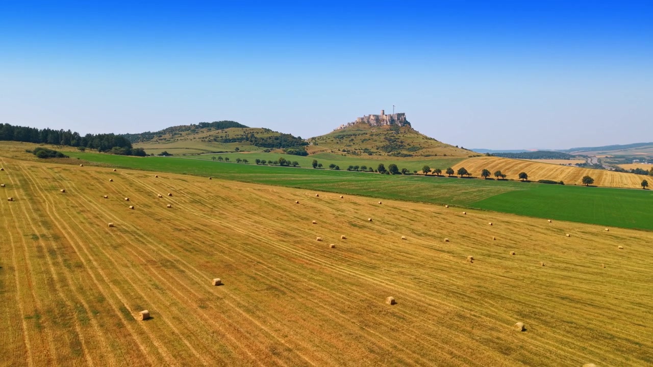 Vista aerea di campi agricoli mietuti e del Castello di Spiš in Slovacchia. Ampio paesaggio agricolo con campi falciati, rotoballe di fieno, prati verdi, un lontano castello medievale su una collina.