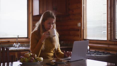 caucasian woman spending time at home, drinking a beverage, working on a laptop