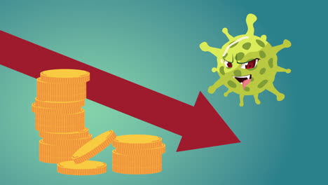 covid19 particle character with statistics arrow and coins