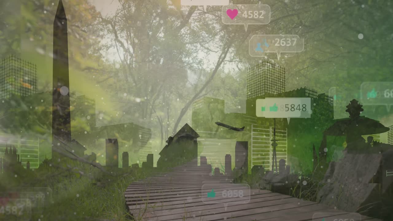 도시 풍경 위의 미디어 아이콘과 나무의 애니메이션