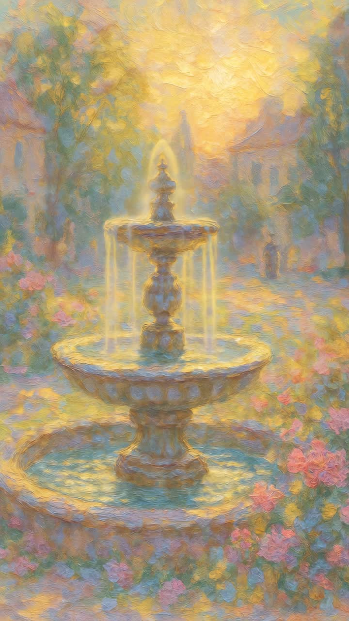 Impressionist-style video still of a sunlit garden fountain. The low angle captures vibrant colors