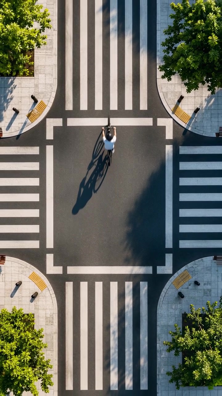 Una vista dall'alto segue un ciclista solitario che attraversa un incrocio cittadino geometrico, passando accanto a segnaletica orizzontale bianca e attraversamenti pedonali mentre la luce solare intensa proietta un'ombra allungata