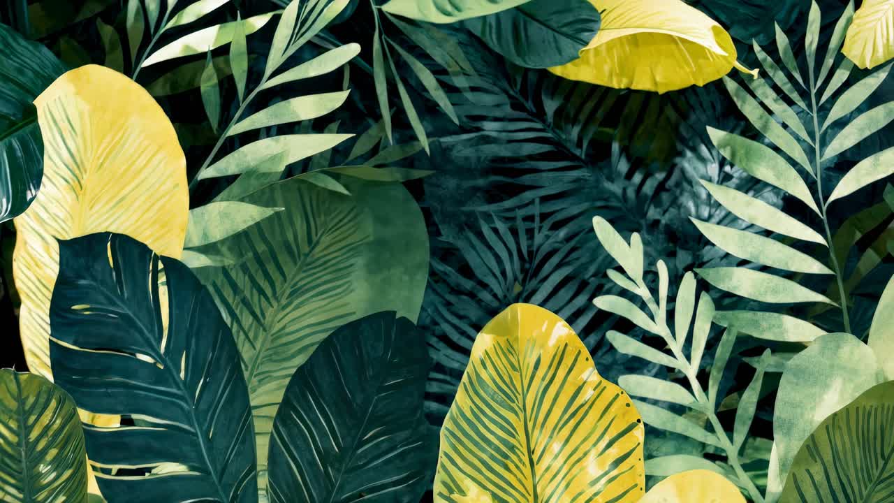 Top-down view of lush, overlapping tropical leaves in a vibrant, artistic style