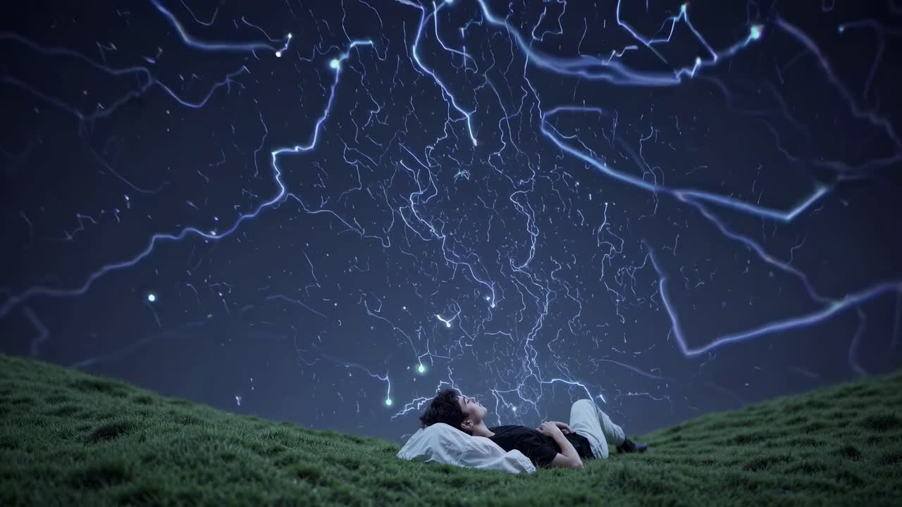 A man lies on grass gazing at a starry sky with lightning