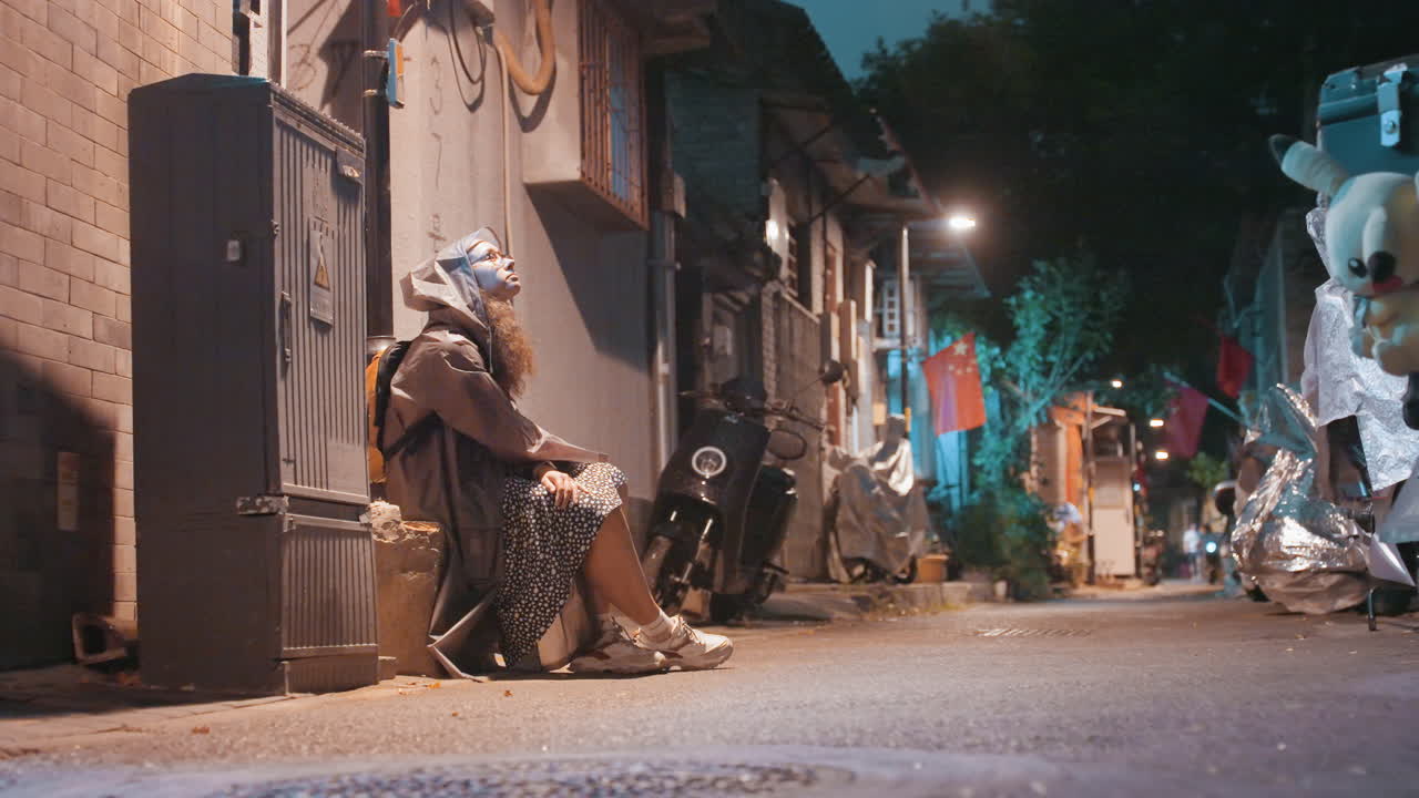 Dar bir sokakta gece, neon ve lamba ışığı altında oturan, kapüşonlu montu ve sırt çantası olan genç kadın; scooter'lar ve pazar tezgahları arka planda kaybolurken, sinematik sıcak tonlar, sessiz bir yansıma ve nostaljik bir hava.