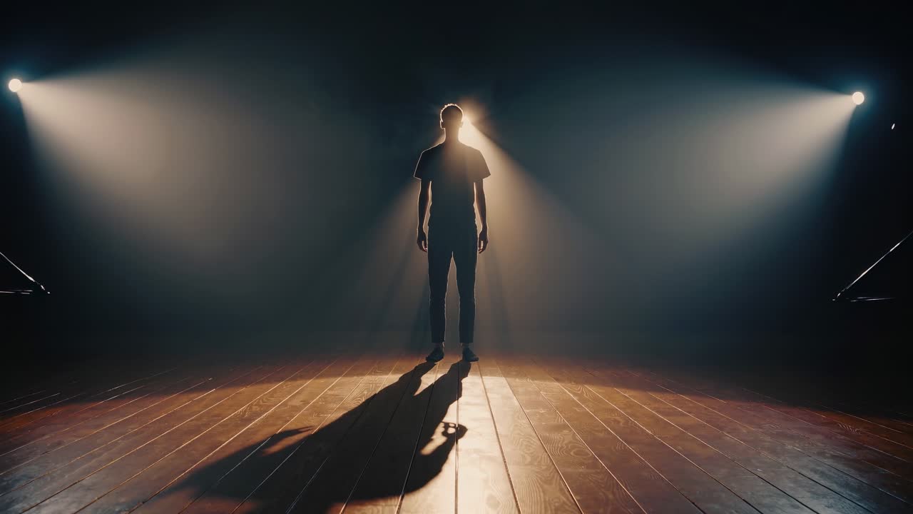 Silhuet af person, der står på trægulv med spotlight