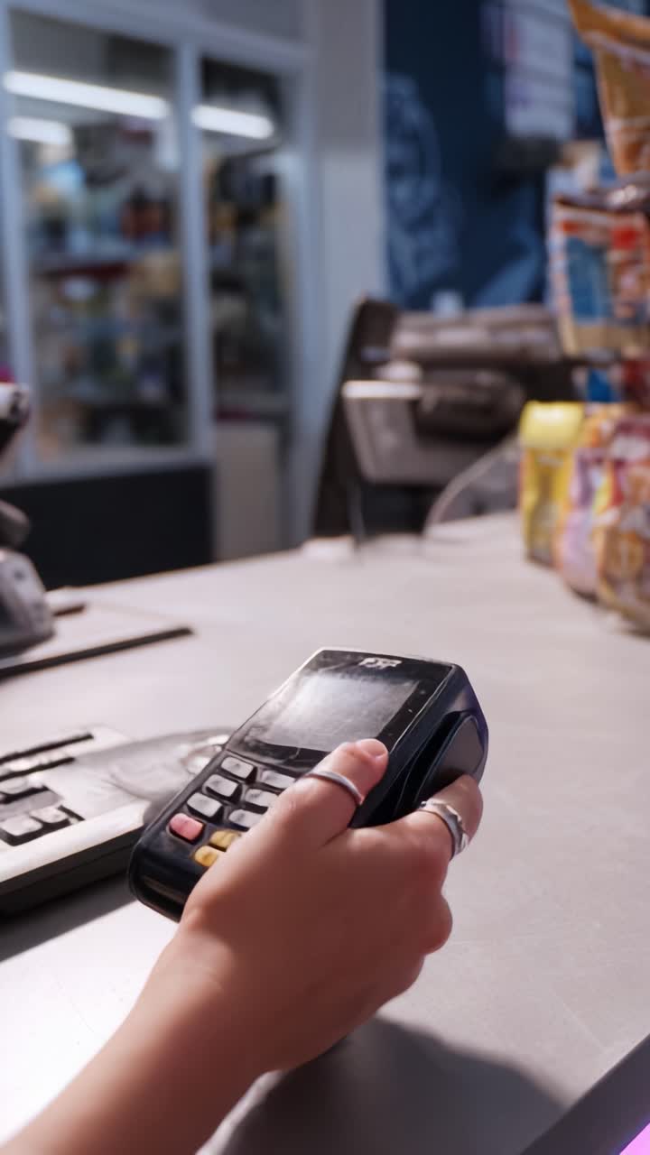Primo piano di una mano che tiene un dispositivo per pagamenti con carta presso un banco di un negozio al dettaglio, che mostra la moderna tecnologia di pagamento e l'interazione con i clienti