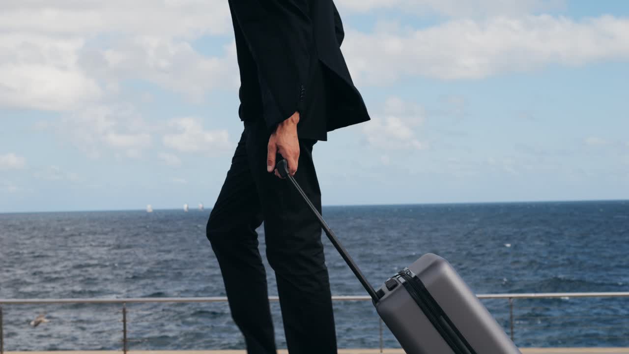 Tourist man with suitcase baggage in spain, A traveler with luggage suit jacket on business street go to a hotel, business office, airport terminal, enjoying the vibrant atmosphere