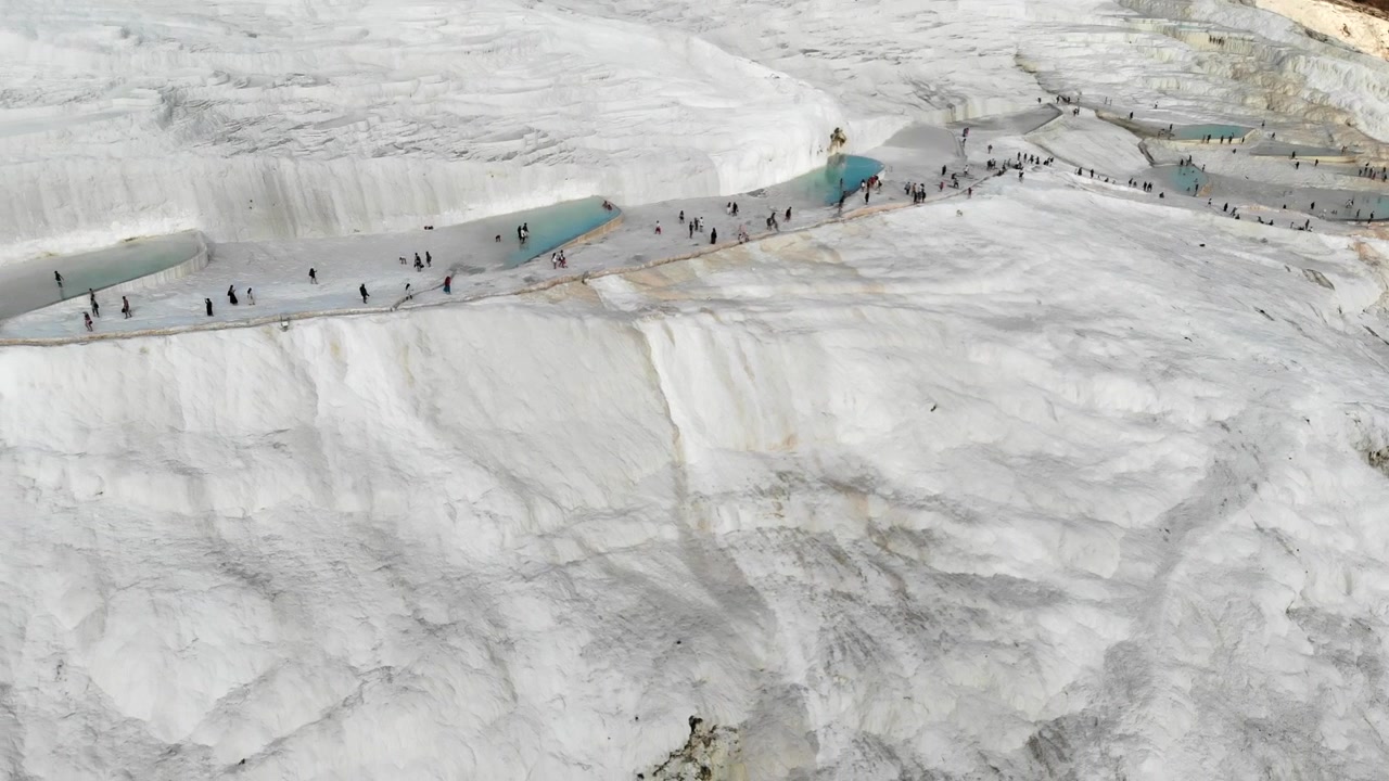 Aerial View of Tourists Walking on Pamukkale Travertine Terraces