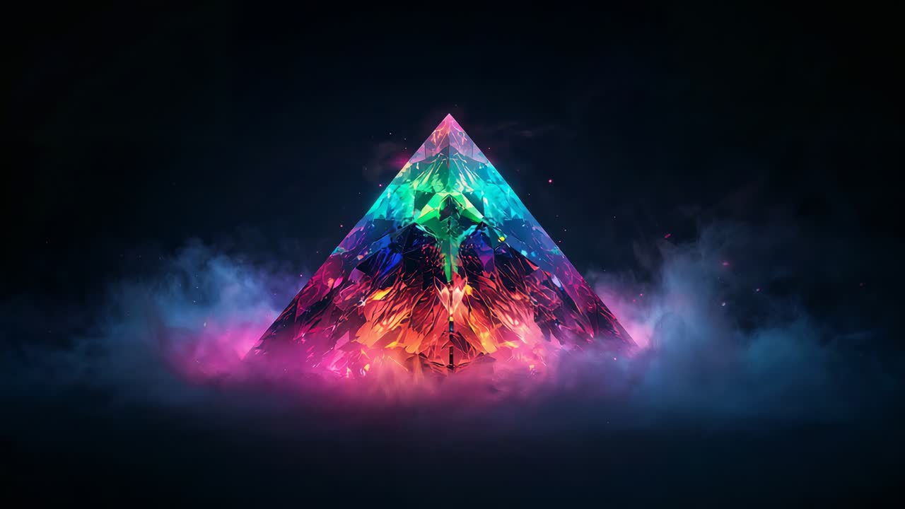 Hehkuva viisteinen pyramidi sykkii neonvaloa, mikä korostaa viisteiden hehkua ja sakeuttaa sävykästä sumua pimeässä tyhjiössä