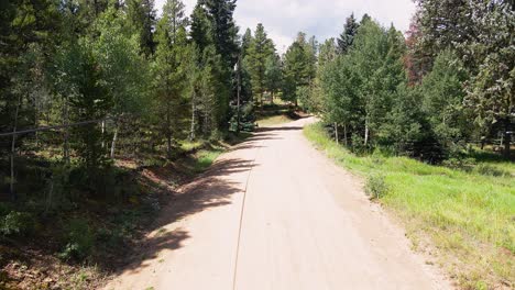 una carretilla aérea hacia adelante siguiendo un camino de tierra remota en las montañas de colorado con pinos y hierba viajando por la cámara