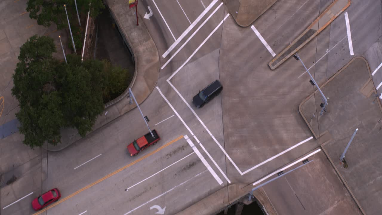 Birds eye view of the Buffalo Bayou going under the streets of Houston, Texas