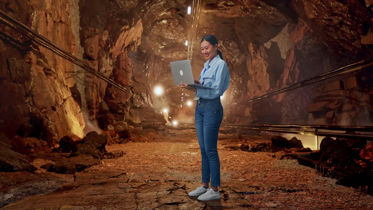 Full Body Side View Of Asian Female With Her Laptop In Underground Mine Tunnel, Typing On Her Laptop'S Keybaord With Meditation