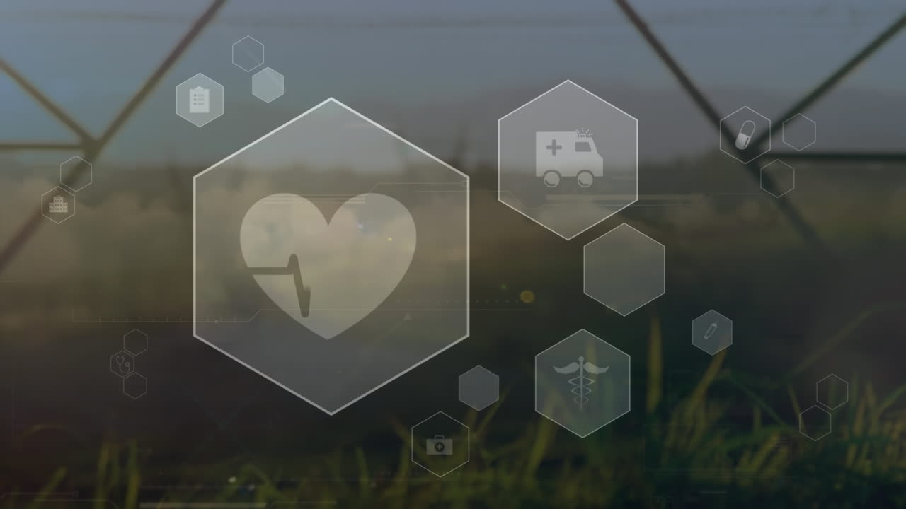 풍경 위의 의료 아이콘과 연결 네트워크의 애니메이션