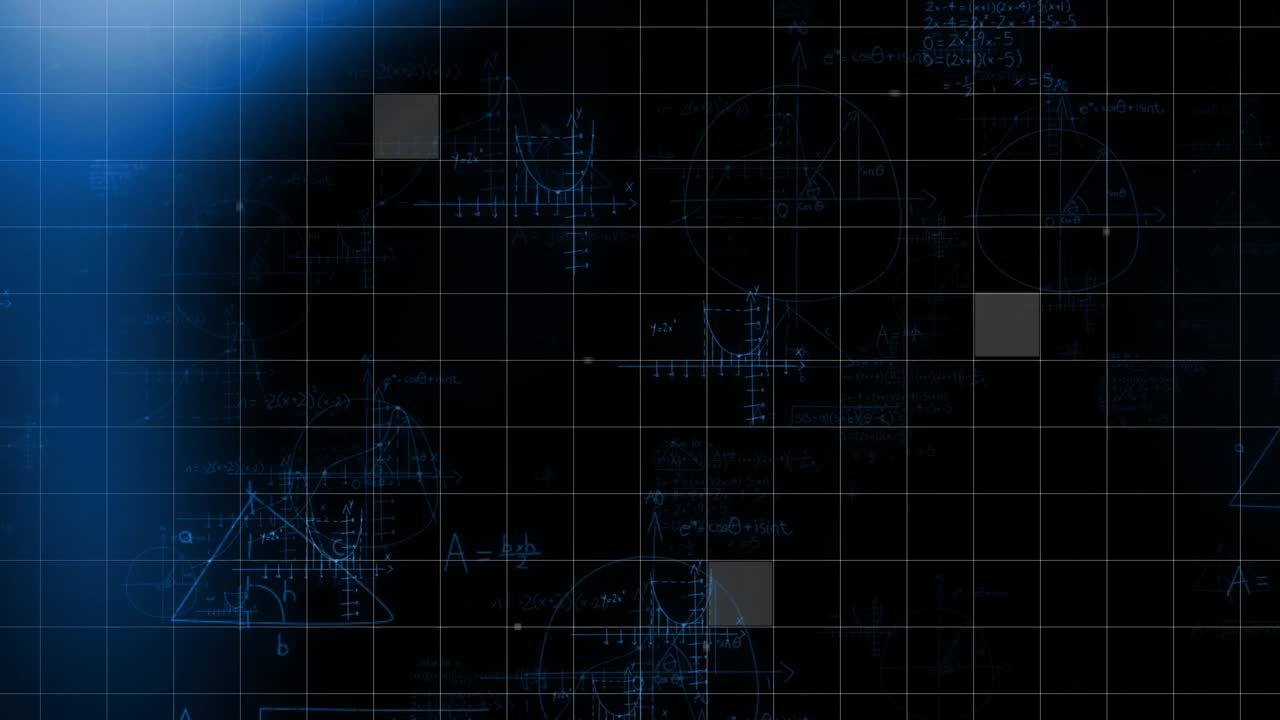 Pludselig vises en blå form, der udvider sig over et mørkt gitter med drivende pixels, og afslører formler.