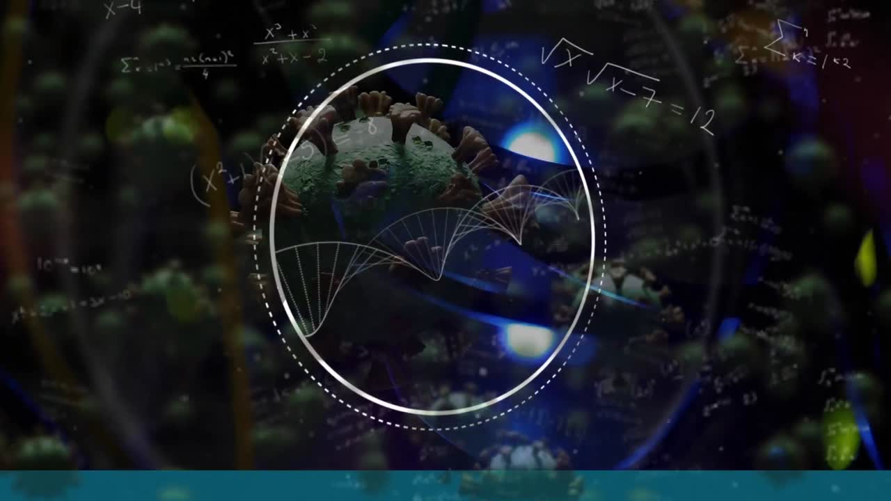la estructura del adn sobre las células de covid-19 y las ecuaciones matemáticas flotando contra el servidor