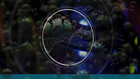 dna structure over covid-19 cells and mathematical equations floating against close up of server