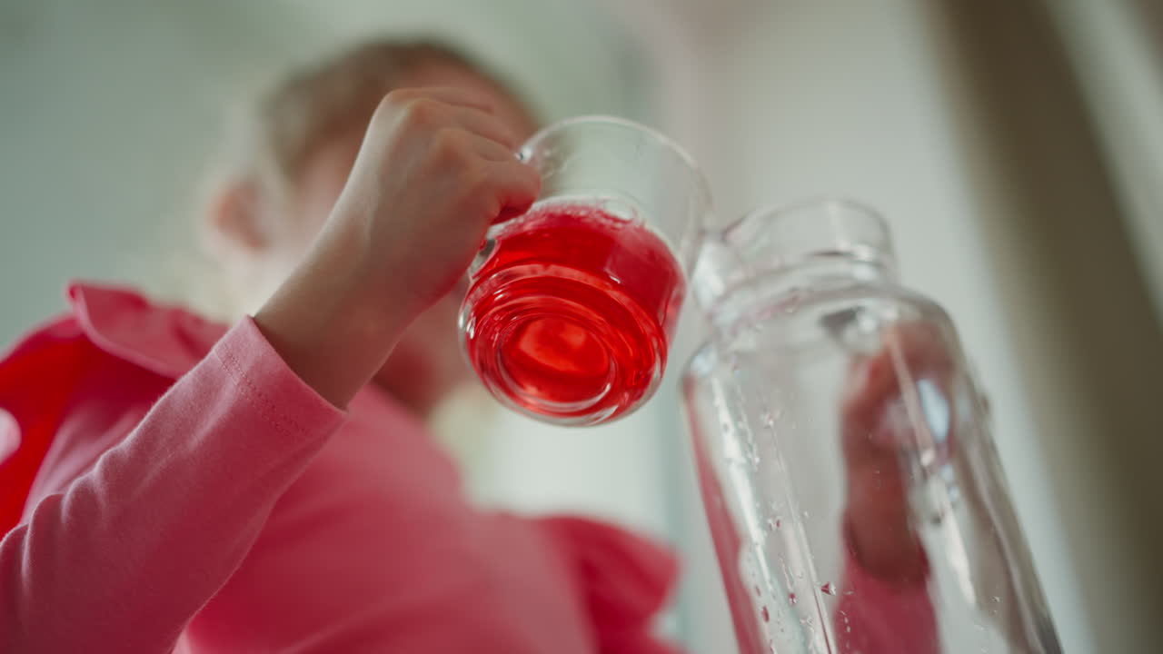 Blurry image of child face carefully pouring vibrant red juice from glass jar into clear glass, sunlight filtering through window, small hands gripping handle and tilting jar to fill cup
