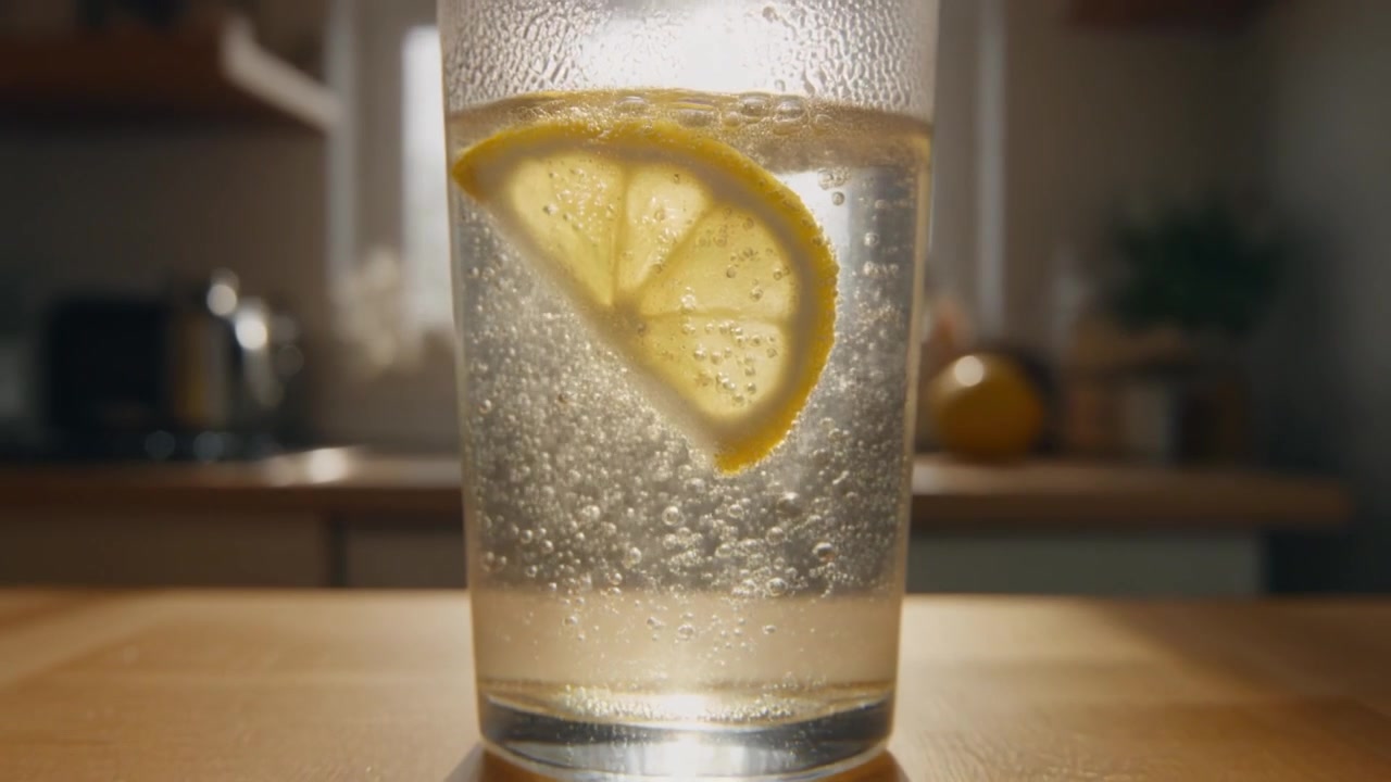 Bicchiere di acqua frizzante con fetta di limone sul piano di lavoro della cucina