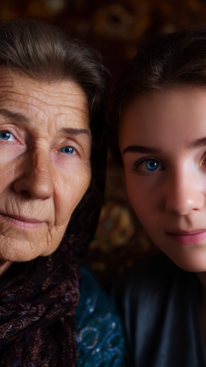 Un portrait touchant d’une jeune fille et d’une femme âgée, mettant en valeur leur lien intime et leurs expressions contrastées dans un cadre chaleureux et doucement éclairé