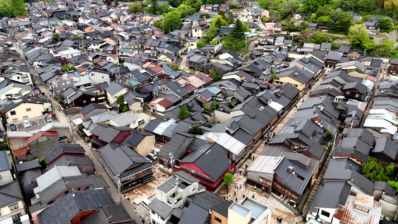 Drone video of Kanazawa, Japan, looking down on geisha district