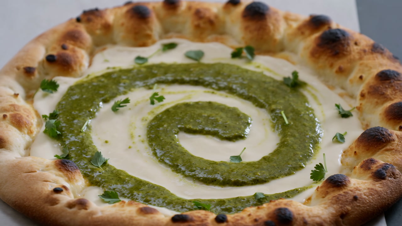 Creamy Pizza With Pesto Swirl Closeup Showing Charred Neapolitan Crust, Bechamel Base Dotted With Parsley