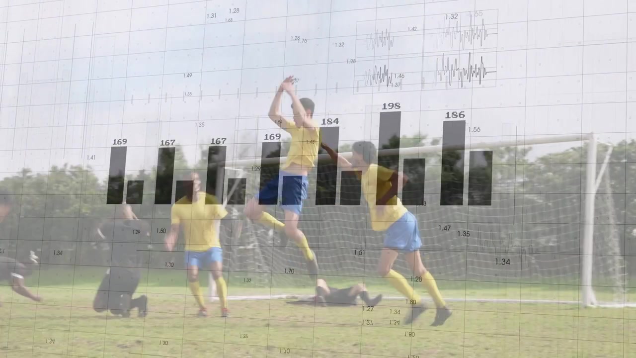 Male striker receiving pass, dribbling into box, shooting, seeking goal, sports charts overlaying