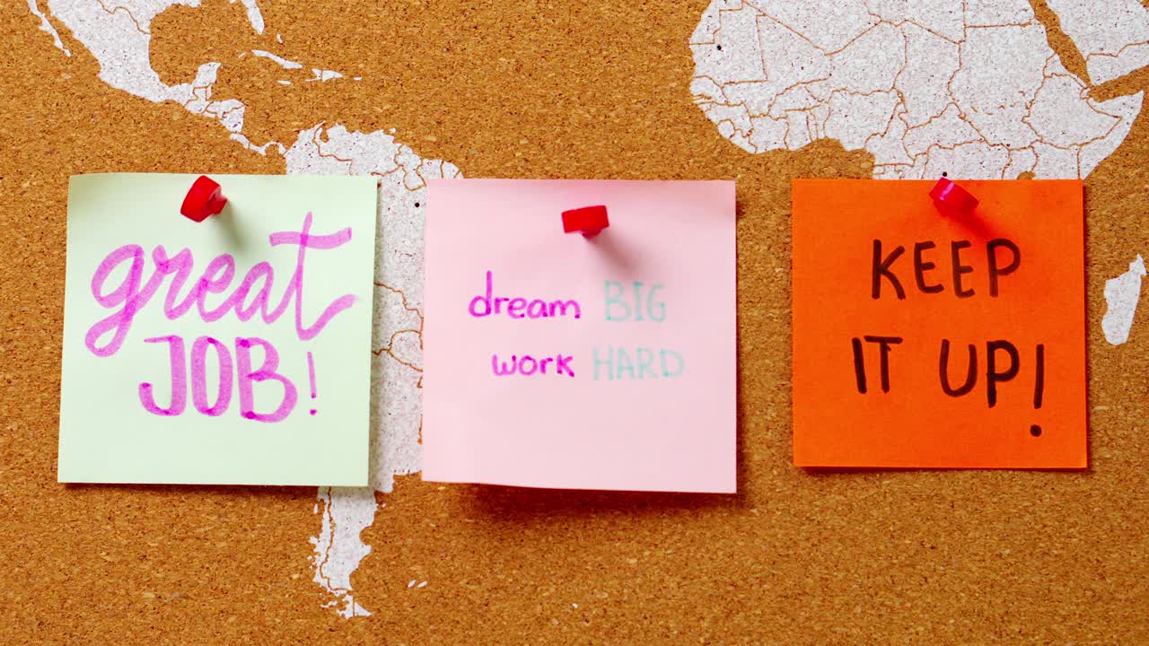 Stop motion di post-it colorati con messaggi motivazionali che appaiono su una mappa del mondo di sughero