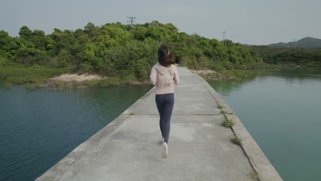 rear view of a woman on a bridge