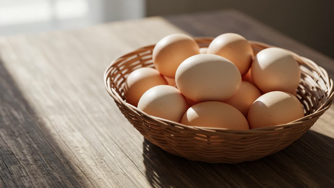 A Rustic Basket Overflowing with Fresh Brown Eggs: A Perfect Farm-to-Table Ingredient for Cooking and Baking in a Cozy Kitchen Setting