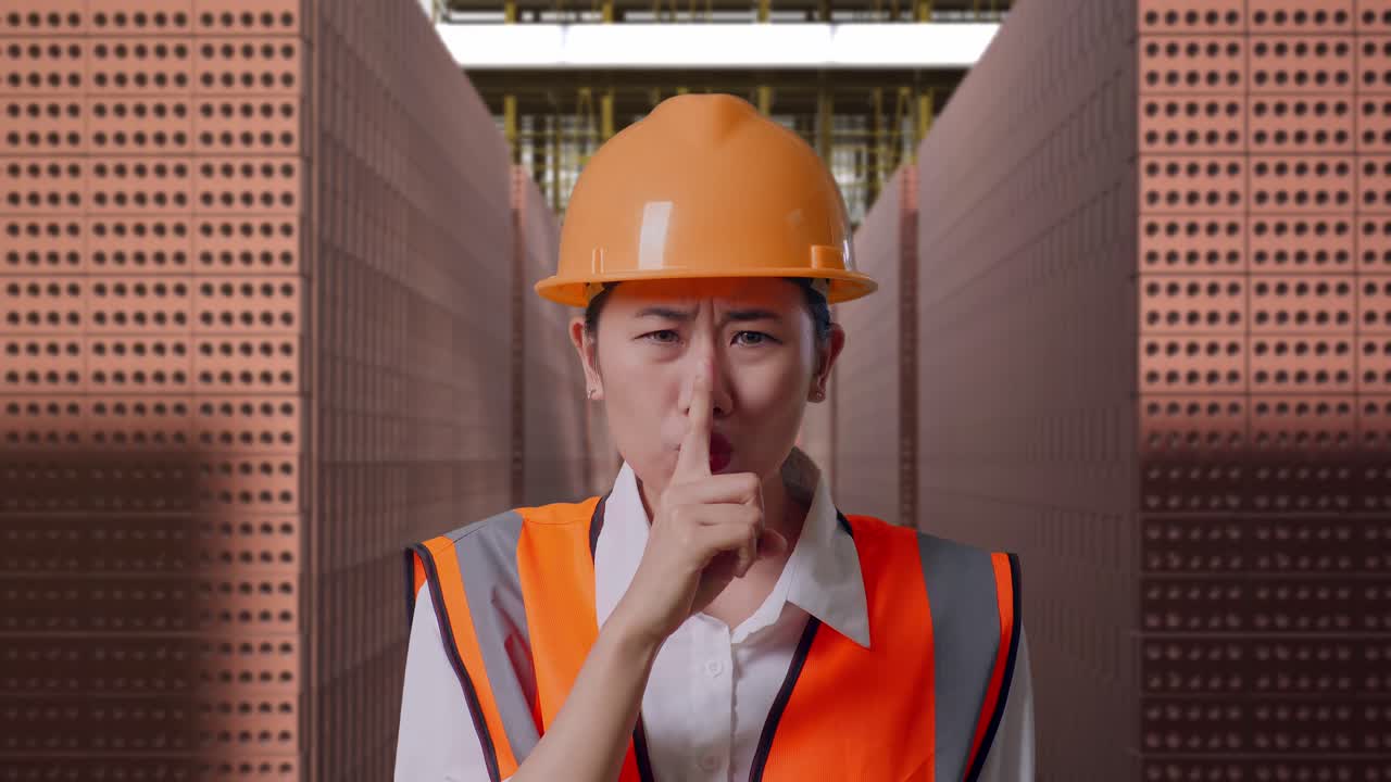 Close Up Of Asian Female Engineer With Safety Helmet Making Shh Gesture While Standing With Red Brick Packed in Stacks Are Stored