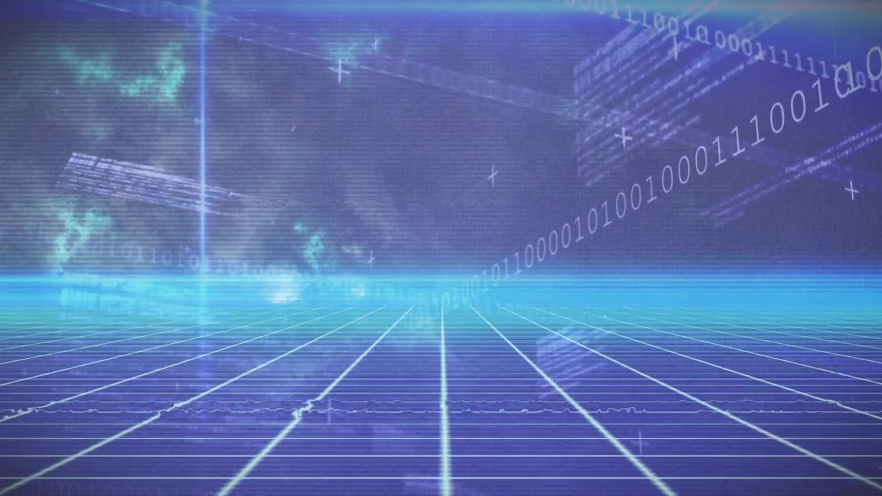 Receding neon grid with cyan horizon pulsing, beam pulse sparking drifting code, showing data flow