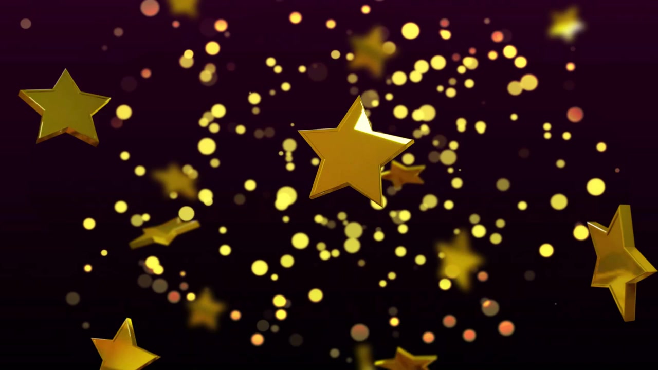Densità del bokeh in aumento, stelle dorate che si muovono verso la telecamera, ruotando ed espandendosi per creare profondità