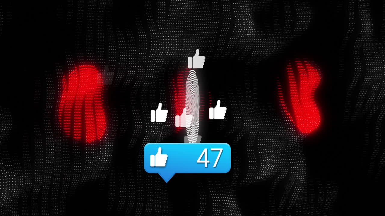 Animation of digital thumbs-up icons with 47 likes on red and black background