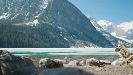 Breathtaking-Nature-Landscape,-Rocky-Mountains,-Lake-Louise,-Low-Angle