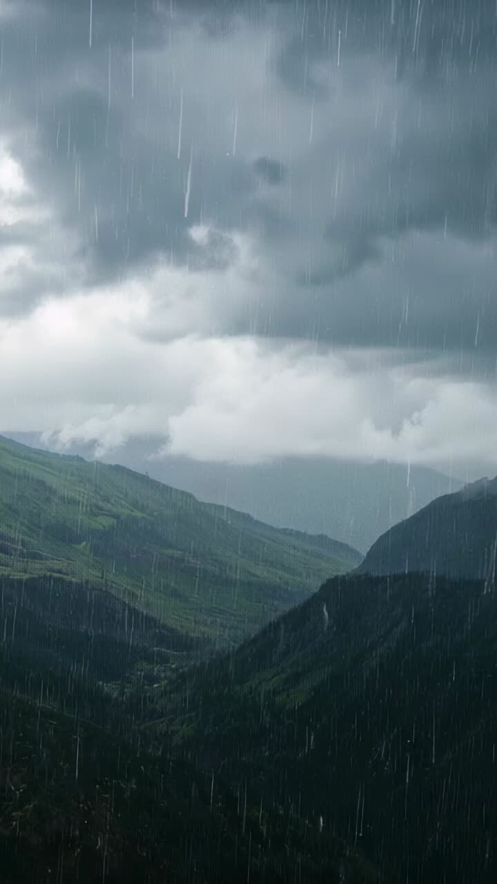 Vídeo vertical: avance de un frente de tormenta con nubes cada vez más bajas sobre un valle alpino, que trae lluvia y una cascada