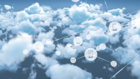 animación de la red de conexiones con iconos sobre el cielo con nubes