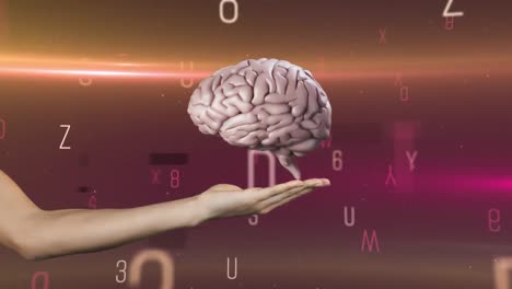 human brain spinning over hand against changing numbers and alphabets on gradient background