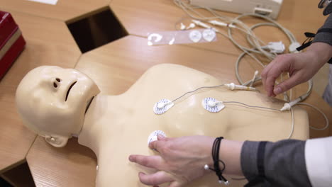cpr training medical procedure. instructor demonstrating cpr on mannequin at first aid training course