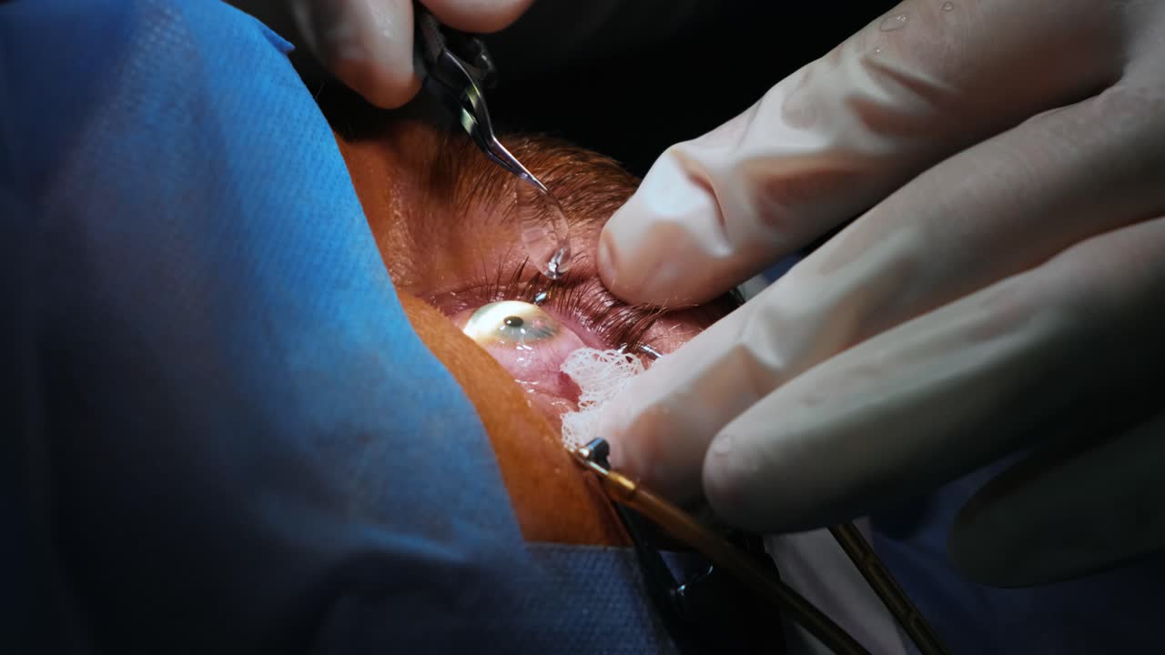 corrección de la visión con láser. un paciente y un equipo de cirujanos en la sala de operaciones durante una cirugía oftalmológica. especulo del párpado. tratamiento de lasik. paciente bajo una cubierta estéril