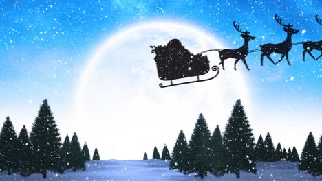 Animation-of-silhouette-of-santa-claus-in-sleigh-being-pulled-by-reindeer-with-snow-falling-and-full
