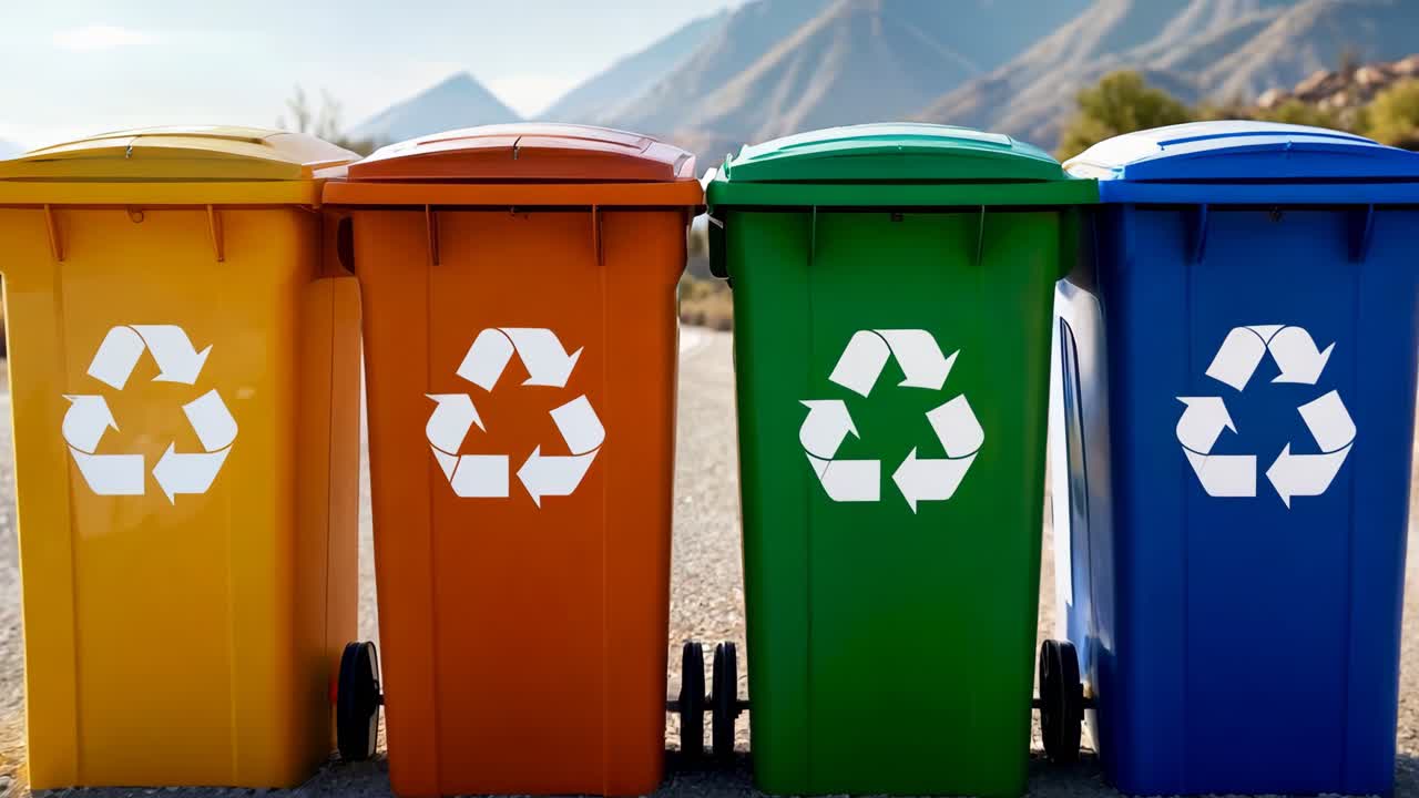 Three colorful trash cans with recycling symbols on them