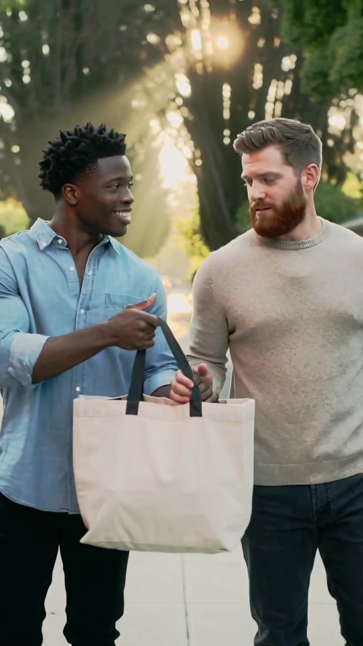 Video verticale: Passeggiata su strada alberata, camicia di jeans offre borsa tote a uomo barbuto.