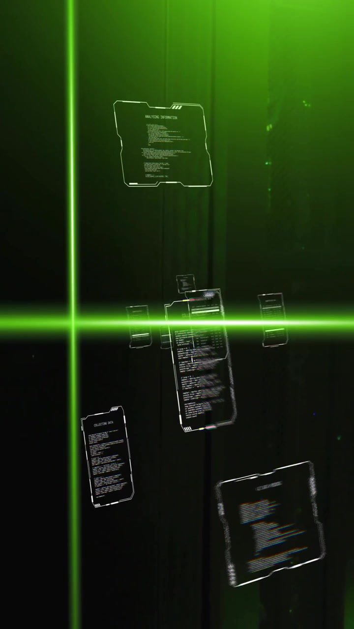 Data processing animation over green-lit server room with floating code screens
