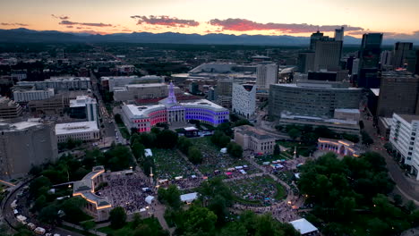 sunset aerial view over civic center park in denver for 4th of july celebrations