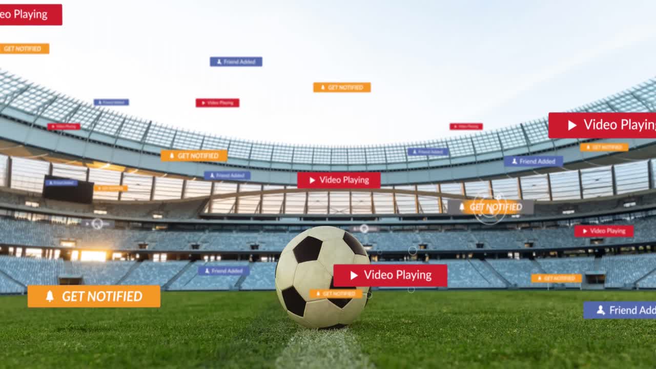 Animation of social media icons on banners over football on pitch