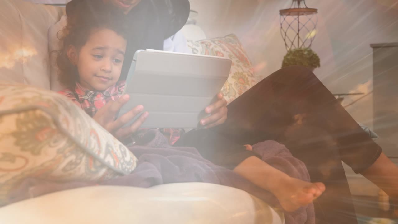 animación de madre asiática en hijab con su hija sobre las nubes