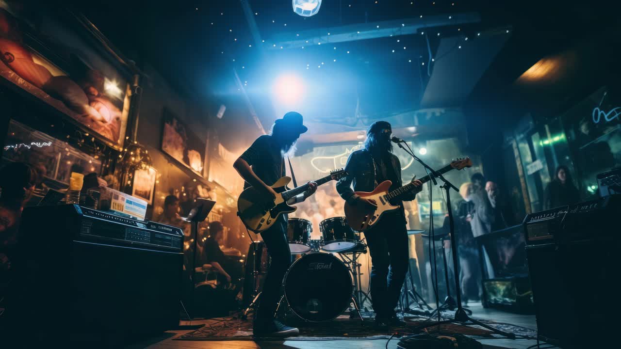 Dynamic low-angle shot of a band performing live in a dimly lit bar, capturing the energetic vibe