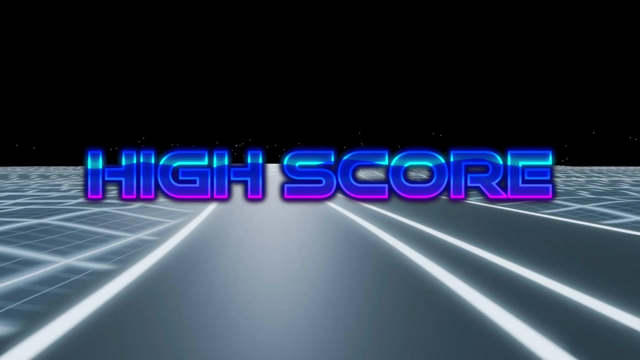 Blue bar rising at horizon forming HIGH SCORE title sliding in pulsing, fading back, announcing win