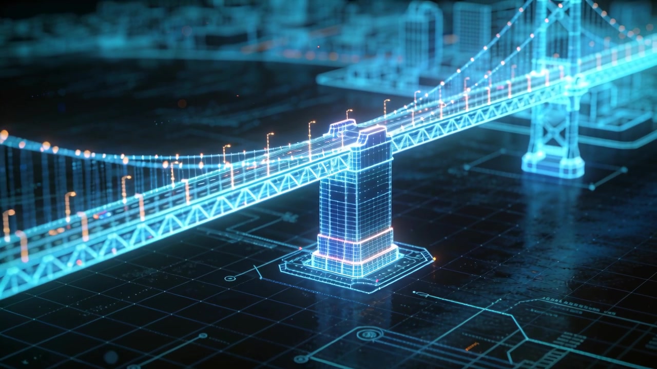 Panning camera revealing holo suspension bridge in lab for design, showing pier and pulsing nodes